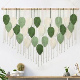 Weldomcor Large Wall Hanging Tapestry, Boho Macrame Woven Handmade Tassel Leaf Tapestry, Bohemian Wall Art Decor for Bedroom, Living Room, Gallery Background (Green, Beige, 130 x 85 cm)