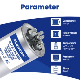 SEQUEDA 45+5 uF ±6% 370V/440V CBB65 CBB65A Dual Run Start AC Capacitor 45+5 MFD for Fan Motor Start or Heat Pump, Pool Pump and Condenser Straight Cool