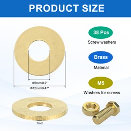 sourcing map 38 Pack Brass Flat Washer, M5 Copper Washers Crush Washer Kit Assortment, 5mm ID, 12mm OD, 1mm Thick for Bolts Screws Machinery Repair, Outdoor Construction