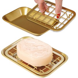 SheeChung 2 Pack Bathroom Soap Dishes Tray with Drain Metal Sponges Scrubber Holder Bar Soap Dispenser Saver for Kitchen Sink Countertops Shower Farmhouse - Rust Resistant (Gold)