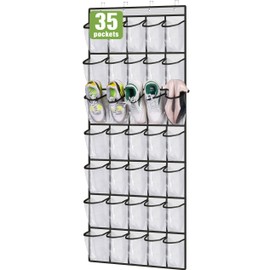 MISSLO 35 Clear Large Pockets Over The Door Shoe Organizer Sturdy Oxford Fabric Hanging Shoe Rack Closet Shoe Holder Hanger, White