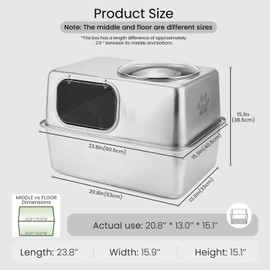 Large Enclosed Stainless Steel Cat Litter Box with Mat & Scoop, Leak-Proof
