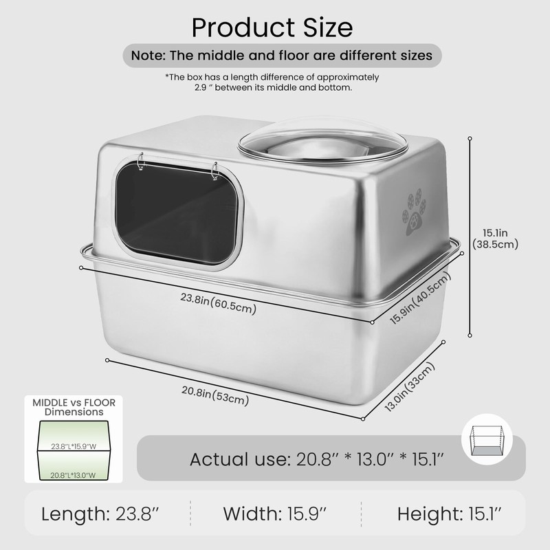 Large Enclosed Stainless Steel Cat Litter Box with Mat &