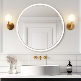 FUWU HOME Distressed White Finish Round Mirror with Wood Frame 24" Circle Wall Mirror Farmhouse Bathroom Vanity Mirror for Living Room Bedroom Entryway Modern Decoration (Distressed White Finish)