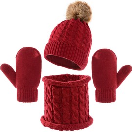 TBSCWYF Kids Winter Hat Scarf Gloves Set Baby Toddler Knit Beanie Neck Warmer Gaiter Gloves 3PC Pom Stripe Caps for Boys Girls Children Kids Warm Scarf Hat Gloves Boys Girls Knitted BeanieHat Red