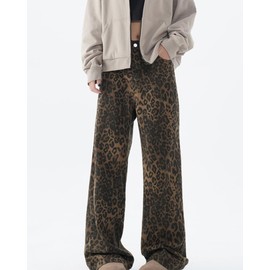 POHADON Y2k Leopard Print Jeans Baggy Cheetah Print Jeans Grunge Clothes Unisex Streetwear Pants (Brown,S)