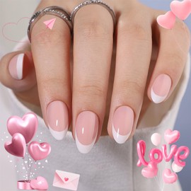 CUZIAM French Tip Press on Nails for Women, Short Almond Natural Soft Gel Stick on Nails with Glue, 32pcs 16 Sizes Reusable Glossy Supremely Fit Seamless Nude Easy Salon Manicure-Classic French