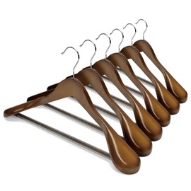 HOUSE DAY Wide Shoulder Wooden Hangers, Suit Hangers with Non Slip Pants Bar, Smooth Finish 360° Swivel Hook Solid Wood Coat Hangers for Dress, Jacket, Pants, Heavy Clothes Hangers 6 Pack (Walnut)