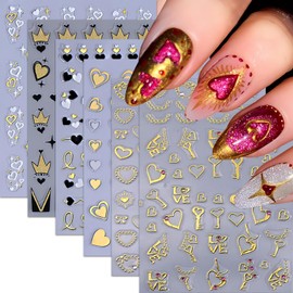 6Pcs Heart Bows Nail Art Stickers Valentine's Day 3D Self Adhesive Nail Decals Gold Heart Rhinestone Letter Nail Sticker Golden Bow Crown Nail Supplies for Women Girls DIY Acrylic Manicure Decoration
