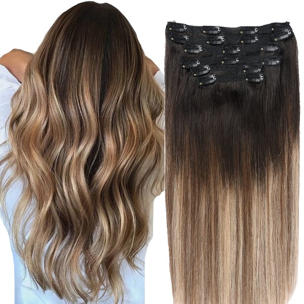 VINBAO Clip in Hair Extensions 120 Gram 20 Inch Balayage Dark Brown with Caramel Brown Clip in Human Hair Extensions 6 Piece Double Weft Silk Straight Human Hair Extensions For Women(#1B/4/27-20Inch)