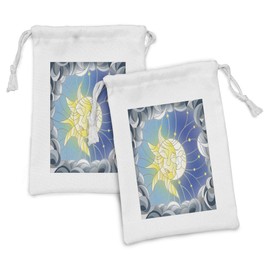 Lunarable Sun and Moon Fabric Pouch Set of 2, Stained Glass Style Illustration of Interweaving Sun and Moon in Sky Romantic, Small Drawstring Bag for Toiletries Masks and Favors, 9" x 6", Multicolor