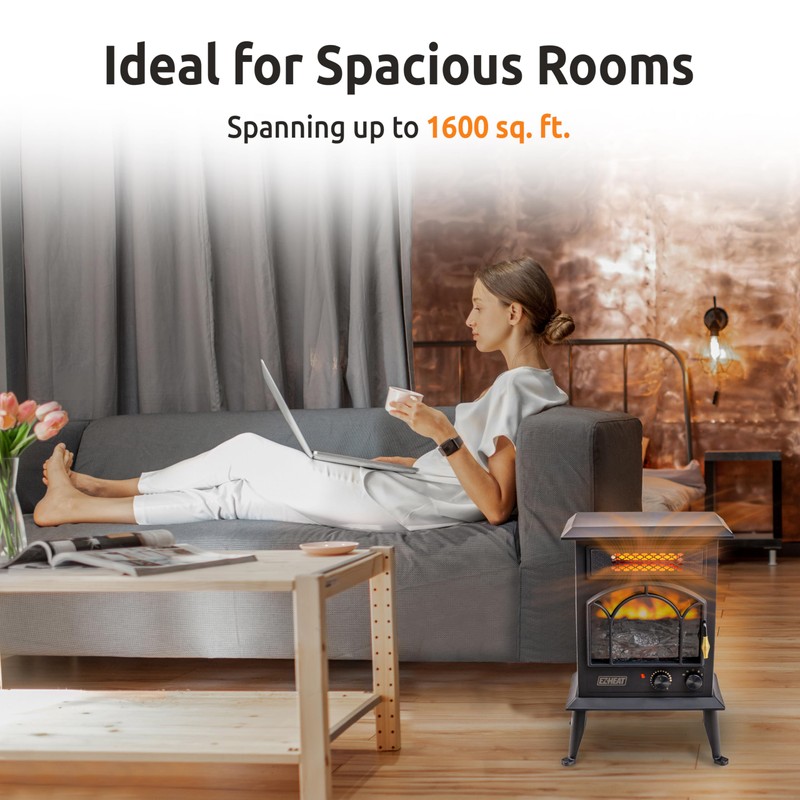 EZ-HEAT Electric Fireplace Space Heater with Flame Effect, Adjustable Thermostat,