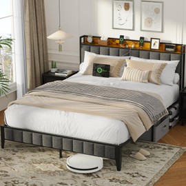 Queen Bed Frame, Storage Headboard with USB Ports & Charging Station, No Box Spring Needed, Noise-Free, Heavy Duty Metal Frame Support, Easy Assembly
