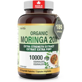 10,000MG Organic Moringa Capsules – 180 Count | Ultra Potent - 20:1 Extract | Made in Canada | Pure Moringa Capsules using Organic Moringa Powder