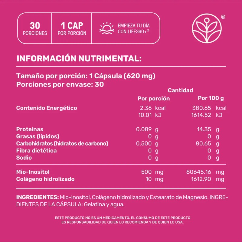 Inositol Life360 Myo Inositol 30 Cpsulas 620mg Por Porcin Sin