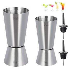 2 PCS Spirit Measures 25/50 ml & 15/30 ml, Stainless Steel Shot Measure Alcohol Gin Jigger, Dual Drinks Measure Cup with 2 PCS Freeflow Pourers for Home Bars & Professional Mixology