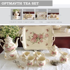 OptmAVth Ceramic Tea Set for Audlts, Cup of 4, with Teapot, Spoons, Sugar Bowl, Creamer Pitcher, Vintage Tea Set for Women Tea Party, White with Pink Roses & Gold Trim