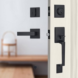 TOGU HS14D-L01 Heavy Duty Single Cylinder HandleSet Front Door Lock with Lever Door Handle,Solid Entry Door Lockset Leverset for Home Exterior Doors, Easy Installation, Matte Black Finish