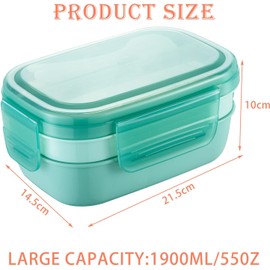 Txeouse Lunchbox Brotdose mit Fächern 1900ML Kinder/Erwachsene Bento Box 3 Schichten Reisen Brotzeitbox with Cutlery, Lunch Box for Work/Picnic (Grün)