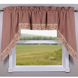 Primitive Home Decors Star Berry Vine Gingham Check Barn Red and Nutmeg 72" Wide x 36" Long Cotton Lined Curtain Swag