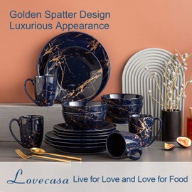 LOVECASA Porcelain Dinnerware Sets for 4, 16 PCS Plates and Bowls Set, Color Glaze with Gold Plate Dish Set, Dinner Sets with Dinner Plates, Dessert Plate, Bowls and Mugs, Dark Blue