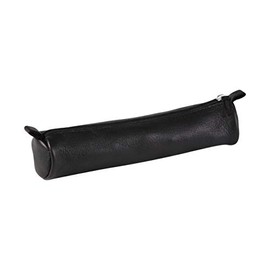 Clairefontaine - Ref 8324C - Cuir' Leather Small Round Pencil Case - 18cm x 3.5cm, Made From Genuine Lambskin Leather, Metal Zip With Leather Puller - Black