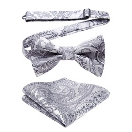 HISDERN Bow Ties for Men Silver Grey Pre-tied Bow Tie White Paisley Bow Tie and Pocket Square Set Formal Classic Bowties Wedding Party