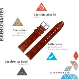 MARBURGER Watch Strap 20 mm Leather Crocodile (Caiman) Embossing with Stitching - Tool Assembly Set 52920, Medium Brown/Silver, Bracelet