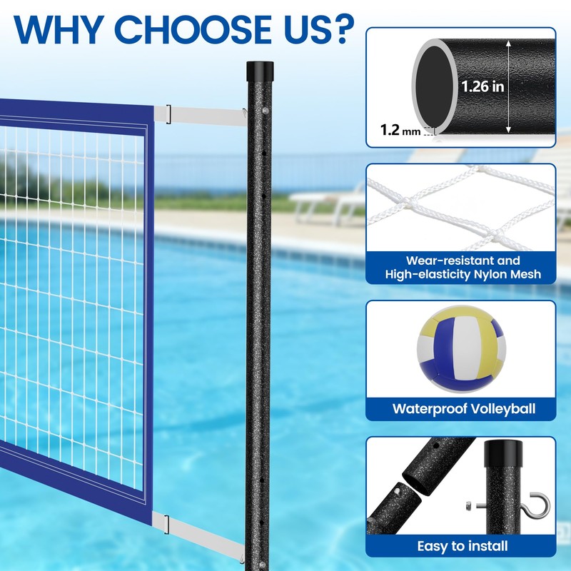 Qufiona Pool Volleyball Net for Inground Pools, Adjustable 16–22FT Pool