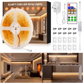 COB LED Strip Light 32.8ft/10M, Flexible CRI 90+ Warm White 2700K High Lumen Dimmable Super Bright DC 24V LED Tape Light with Remote for Under Cabinet Bedroom Kitchen Office DIY Lighting Projects