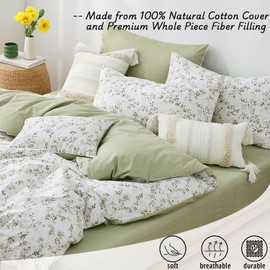 LEMIROE Queen Size Comforter Cotton,Lightweight Green Bedding Sets 3Pcs,Botanical Prints on White