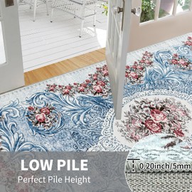 Easy-Going Floral Area Rug 3x5 Entryway Rug Washable Inside Door Mats for Home Entrance Non-Slip Retro Flowers Small Rugs for Entry Living Room Bedroom Kitchen Bathroom Lightweight Carpet, Teal Red