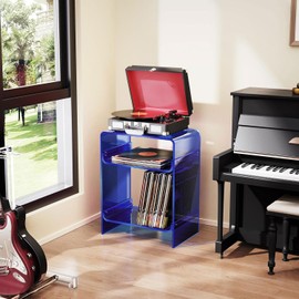 Acrylic Record Player Table with Storage Shelf, Clear Side Table Nightstand (Dark Blue)