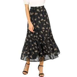 Allegra K Women's Floral Skirts Chiffon A-line Long Tiered Ruffle Boho Midi Skirt XS-3XL Small Black