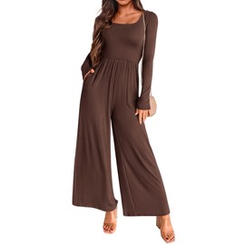 KIRUNDO Women's 2025 Summer Fall Fashion Long Sleeve Jumpsuits Casual Dressy One Piece Square Neck Wide Leg Pants Romper(Coffee, X-Large)