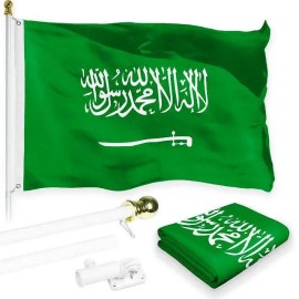 UD_G128 Combo Pack: 6 Feet Tangle Free Spinning Flagpole (White) Saudi Arabia Saudi Arabian Flag 3x5 ft Printed 150D Brass Gromm