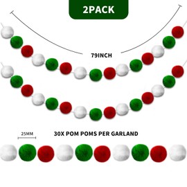 2 Packs Christmas Pom Pom Garland Banner - 2m/6.56ft 30 Balls Felt Ball Garland Hanging Ornaments for Party Festivals Christmas Tree Wall Decoration, Xmas Tree Wall Party Photo Prop Decor