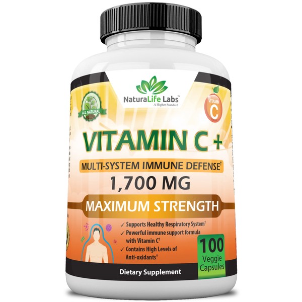 NaturaLife Labs A Higher Standard Vitamin C 1,700 MG with Vitamin D3, Zinc, Elderberry, Ginger Root - Maximum Strength Multi System Immune Support- 100 Veggie Capsules