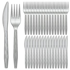 100 Stück Silber Plastikbesteck Reusable 50 Plastikmesser und 50 Plastikgabeln Wiederverwendbare Silbernes Plastikbesteck Set Plastik Besteck Set Mehrweg für Familie Partys Geburtstagsfeiern