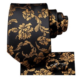 Hi-Tie 63" 70" Ties for Men Silk Extra Long Mens Ties Set and Pocket Square Cufflinks Paisley Necktie Business Wedding,Seventy Inch Black Gold Floral