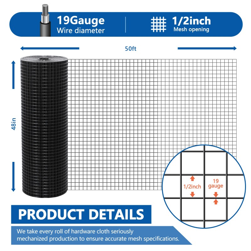 Welded Mesh Fence PVC Black Hardware Cloth 19Gauge 1/2in Mesh