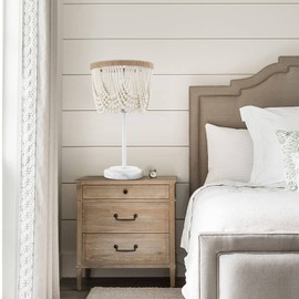 VILUXY Bohemia Wood Beaded Table Lamp Antique Rustic Bedside Nightstand Lamp White Finishing for Bedroom, Nursery Room, Girl Room, Hallway, Entryway, Passway, Dining Room