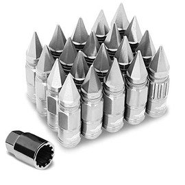 UrMarketOutlet J2 Lug Nuts+ 4 Lock Nut (Aluminum, Silver, Open Knurled End Acorn Lock w/Spike Cap, M12 x 1.50, 20MM Diameter/50MM Open/80MM Close Height)
