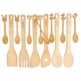 JUJIU 14-Piece Bamboo Wooden Kitchen Utensil Set - 6 Non-Scratch Heat-Resistant Cooking Tools with Storage Holes + 8 Small Spoons for Coffee, Tea, Eco-Friendly Sustainable Kitchen Gift Set