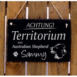 Australian Shepherd Sign Engraved - Achtung ! Territory von .. Desired Name - Dogs Slate Door Sign 22 x 16 cm | Dekolando