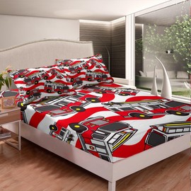 Fire Truck Fitted Sheet Kids Cartoon Car Bedding Set for Boys Firefighter Bed Sheet Set Breathable Firemen Car Vehicle Fire Engine Red Lines Bed Cover Room Decor Twin Size