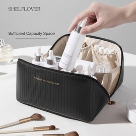 SHELFLOVER Travel Toiletry Bag Makeup Bag, Water-Resistent Cosmetic Bags for Women, Portable Pouch Open Flat Make Up Organizer Case, Cosmetic Bags, Black Striped