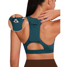 QUEENIEKE Sports Bras for Women with Phone Pocket Racerback Medium Support Workout Yoga Bra (Crystal Teal, L)