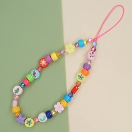 clover Beaded Phone Charm, Smiley Face Beaded Phone Lanyard Wrist Strap Fruit Letter Pearl Rainbow Handmade Clay Beads Anti Lost Phone Chain Keychain for Women Girls