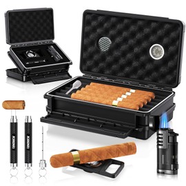 Travel Cigar Humidor Box -Double Layer, with Torch Cigar Lighter, Cigar Cutter, Punch & Holder, Cigar Draw Enhancer, Humidifier & Hygrometer, Cigar Accessories Kit for Gifts, Portable Cigar Case Set
